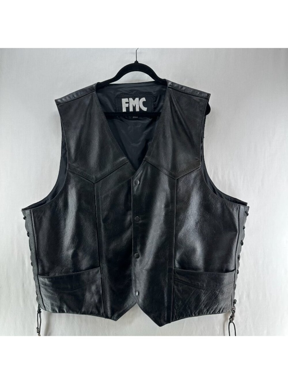 FMC Leather Biker Vest Mens 54 3XL Side Lace Snap Front Pockets Adjustable Black